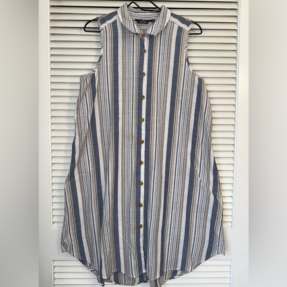 Mlle Gabrielle Women's Sleeveless Striped Dress L, Blue/Tan/White, Pockets